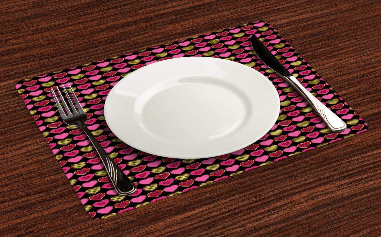 imageAmbesonne Valentines Day Place Mats Set of 4 Vibrant and Romantic Heart Shapes in Polka Dots Washable Fabric Placemats for Dining Room Kitchen Table Decor Ruby Pink Green and Charcoal Grey