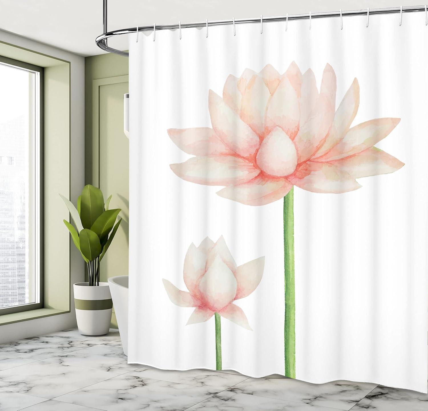 imageAmbesonne Yoga Shower Curtain Pastel Colored Blooming Lotus Flower Romantic Fresh Garden Plant Spa Theme Cloth Fabric Bathroom Decor Set with Hooks 69 W x 70 L Peach Green and White