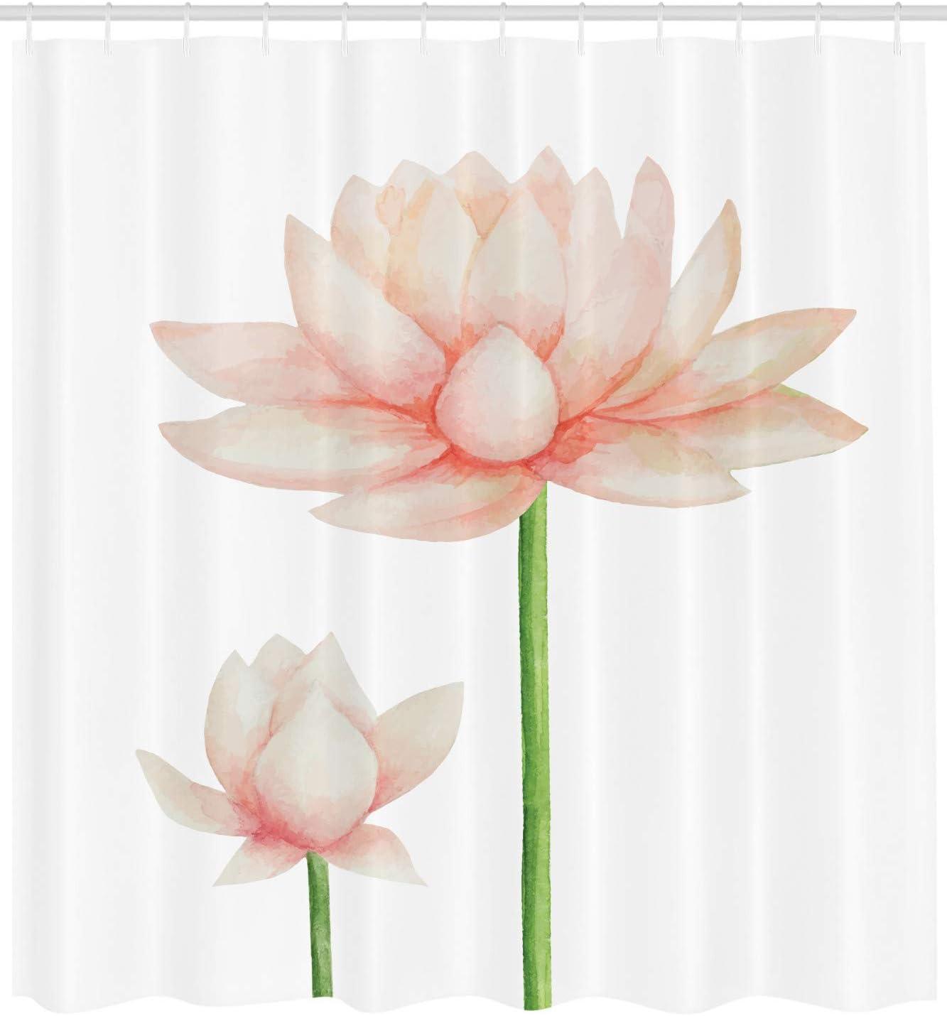 imageAmbesonne Yoga Shower Curtain Pastel Colored Blooming Lotus Flower Romantic Fresh Garden Plant Spa Theme Cloth Fabric Bathroom Decor Set with Hooks 69 W x 70 L Peach Green and White