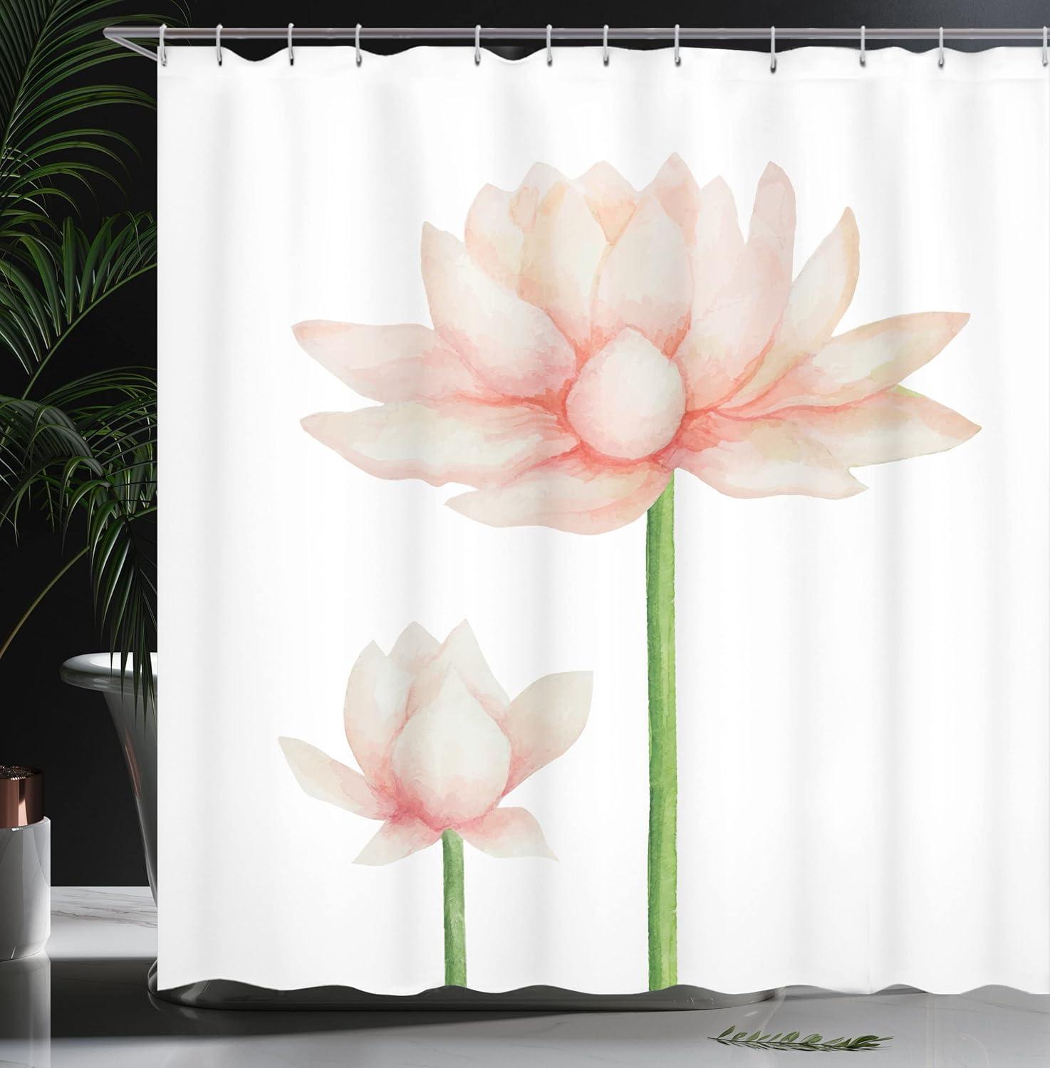imageAmbesonne Yoga Shower Curtain Pastel Colored Blooming Lotus Flower Romantic Fresh Garden Plant Spa Theme Cloth Fabric Bathroom Decor Set with Hooks 69 W x 70 L Peach Green and White