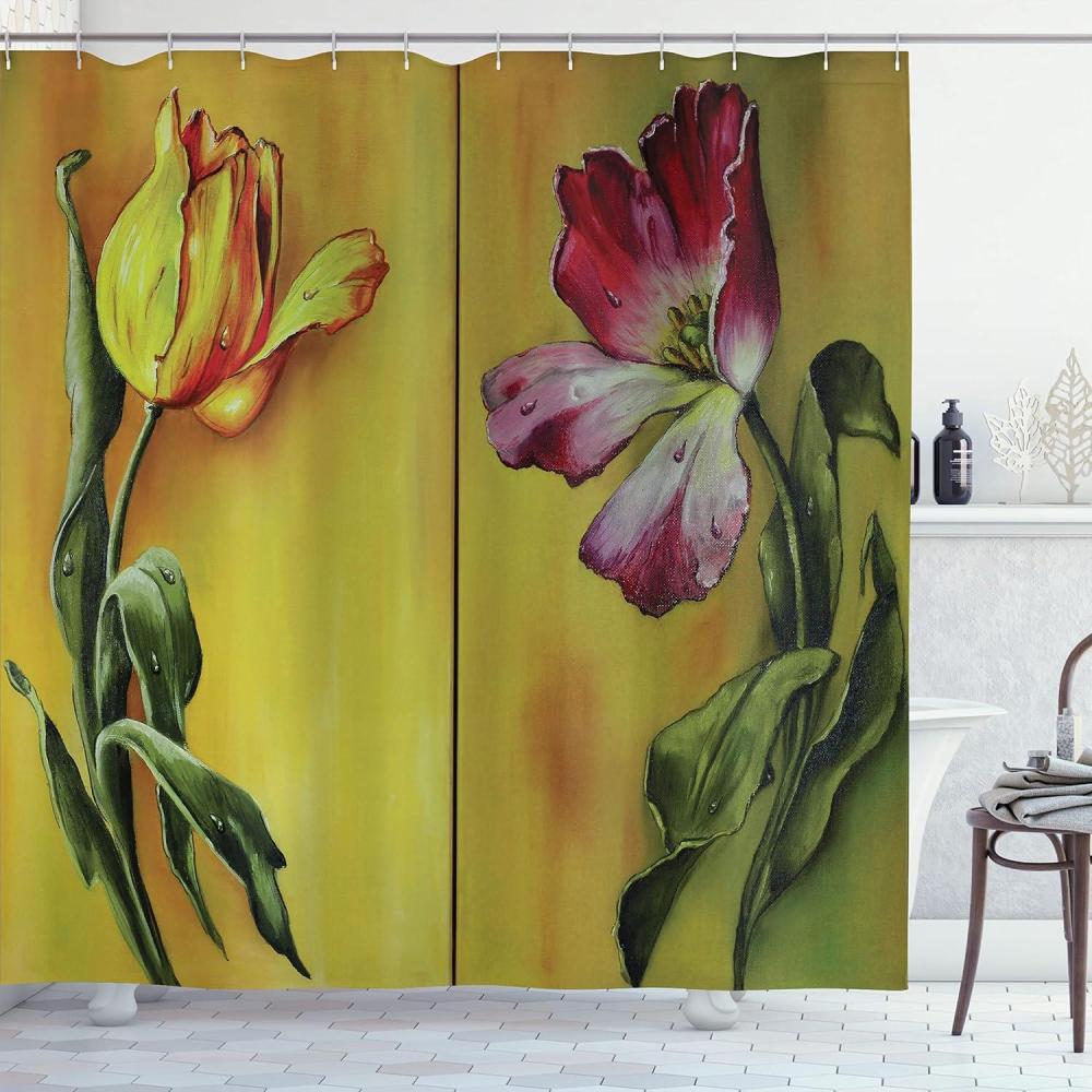 imageAmbesonne Country Shower Curtain Painting of Curving Tulips Romantic Dramatic Blooming Flower Retro Art Print Cloth Fabric Bathroom Decor Set with Hooks 69 W x 70 L Pink Yellow Green