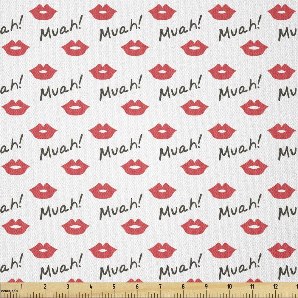 imageAmbesonne Kiss Fabric by The Yard Red Woman Lips Kiss Marks Pattern Romance Feminine Graphic Valentines Day Stretch Knit Fabric for Clothing Sewing and Arts Crafts 2 Yards Vermilion White