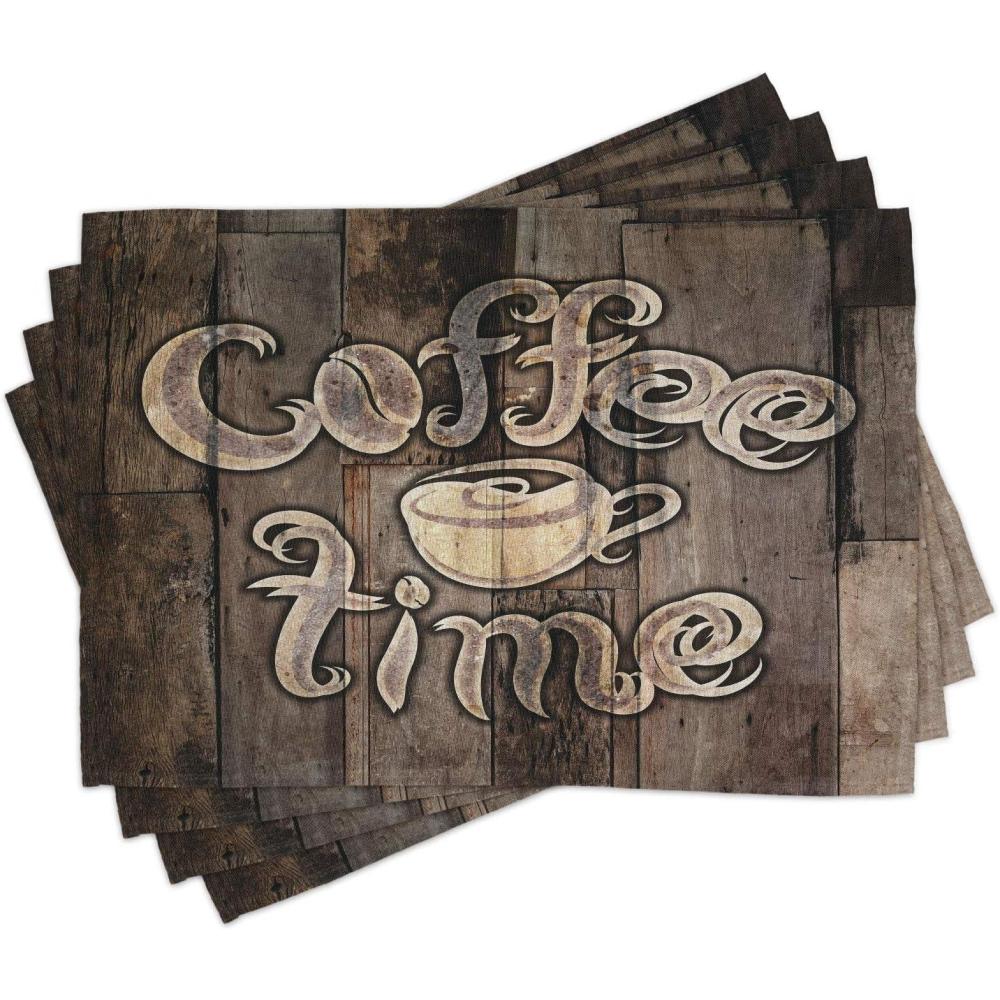 imageAmbesonne Modern Place Mats Set of 4 Coffee Time Phrase with a Cup on a Wooden Grunge Background Kitchen Image Washable Fabric Placemats for Dining Table Standard Size Umber Cocoa
