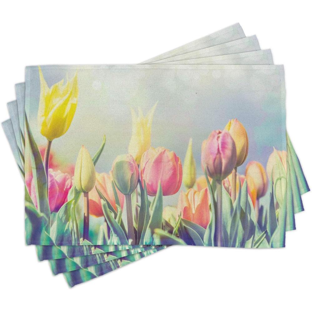 imageAmbesonne Pastel Place Mats Set of 4 Tulips Flower Bed in Park Serene Landscape Happiness Fresh Spring Environment Image Washable Fabric Placemats for Dining Table Standard Size Bluegrey Yellow