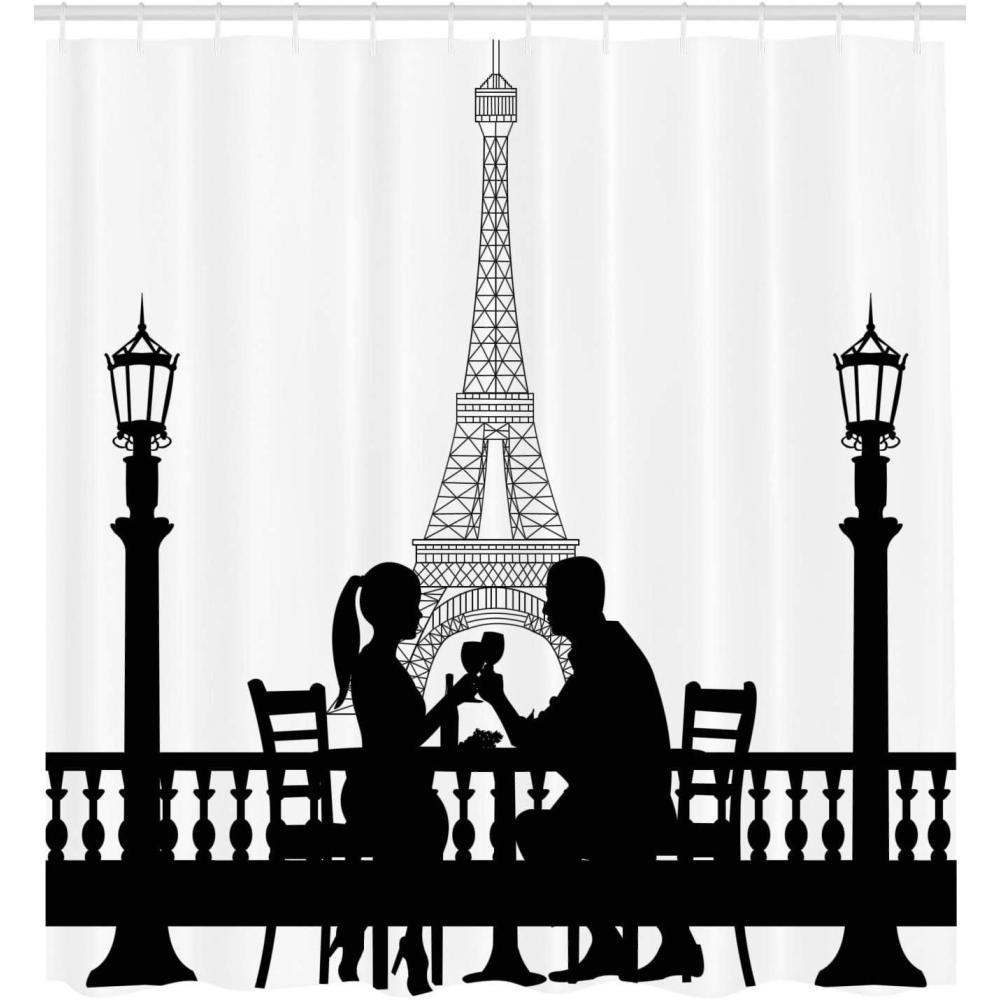 imageAmbesonne Romantic Shower Curtain Couple in a Romantic Valentines Dinner in Front of Eiffel Tower Capital of Love Fabric Bathroom Decor Set with Hooks 105 inches Extra Wide Black White