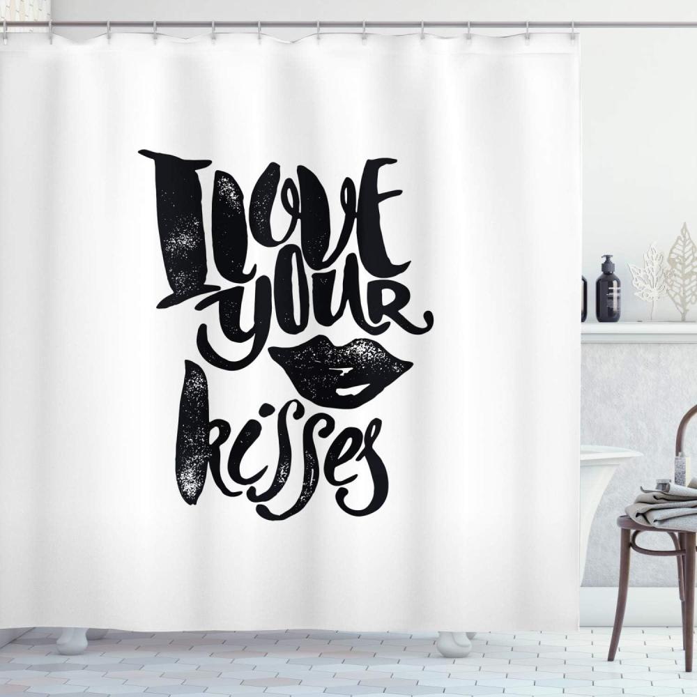 imageAmbesonne Romantic Shower Curtain I Love Your Kisses Grungy Looking Valentines Phrase with Woman Lipstick Mark Cloth Fabric Bathroom Decor Set with Hooks 69 W x 75 L Black White