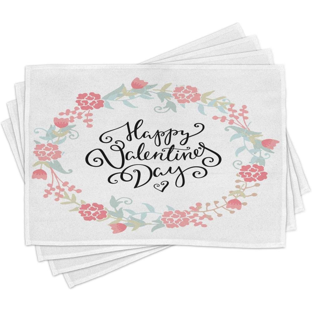 imageAmbesonne Valentines Day Place Mats Set of 4 Floral Flowers Buds Roses Tulips Circled Frame Valentine Hearts Washable Fabric Placemats for Dining Table Standard Size White and Black