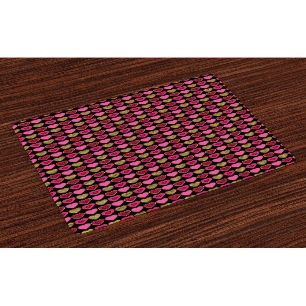 imageAmbesonne Valentines Day Place Mats Set of 4 Vibrant and Romantic Heart Shapes in Polka Dots Washable Fabric Placemats for Dining Room Kitchen Table Decor Ruby Pink Green and Charcoal Grey