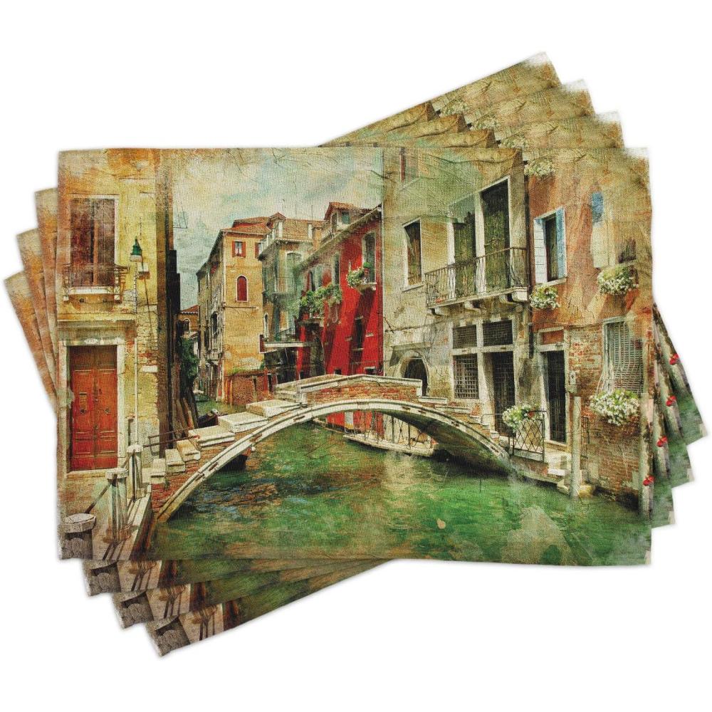 imageAmbesonne Venice Place Mats Set of 4 Vintage Art Painting Style Historic Venetian Landscape Print Washable Fabric Placemats for Dining Table Standard Size Green Red