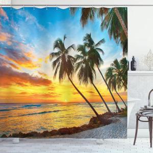 Ambesonne Fantasy Shower Curtain, Hot Air Balloons in The Clouds Dream Journey to Secret Paradise Romantic Design, Cloth Fabric Bathroom Decor Set with Hooks, 69″ W x 75″ L, Purple White(Sunset Sea Blue)