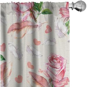 Ambesonne Floral Curtains, Romantic Concept Art Featuring Rose Flowers Hearts Leaves Valentine, Window Treatments 2 Panel Set for Living Room Bedroom, Pair of – 28″ x 84″, Pastel Pink and Fern Green(Pastel Pink and Fern Green)