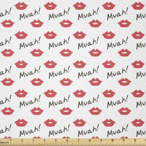 Ambesonne Kiss Fabric by The Yard, Red Woman Lips Kiss Marks Pattern Romance Feminine Graphic Valentines Day, Stretch Knit Fabric for Clothing Sewing and Arts Crafts, 2 Yards, Vermilion White