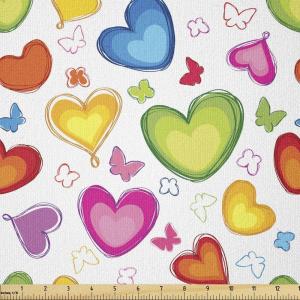 Ambesonne Love Fabric by The Yard, Colorful Hearts and Butterflies Silhouettes Doodle Style Happy Valentines Day Pattern, Stretch Knit Fabric for Clothing Sewing and Arts Crafts, 2 Yards, Multicolor