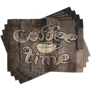 Ambesonne Modern Place Mats Set of 4, Coffee Time Phrase with a Cup on a Wooden Grunge Background Kitchen Image, Washable Fabric Placemats for Dining Table, Standard Size, Umber Cocoa