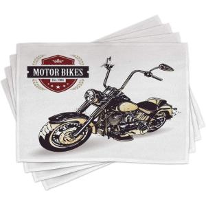 Ambesonne Motorcycle Place Mats Set of 4, Chopper Customized Club Insignia Bikes Hippie Classic Retro Themed Print, Washable Fabric Placemats for Dining Table, Standard Size, Black Beige