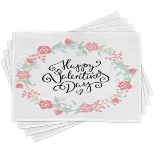 Ambesonne Valentines Day Place Mats Set of 4, Floral Flowers Buds Roses Tulips Circled Frame Valentine Hearts, Washable Fabric Placemats for Dining Table, Standard Size, White and Black