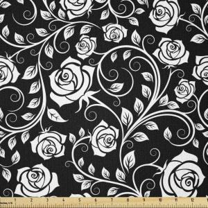 Ambesonne White Fabric by The Yard, Romantic Vintage Inspired Roses on Swirling Stems Monochromatic Valentine’s Day, Stretch Knit Fabric for Clothing Sewing and Arts Crafts, 1 Yard, Black and White(Black and White)