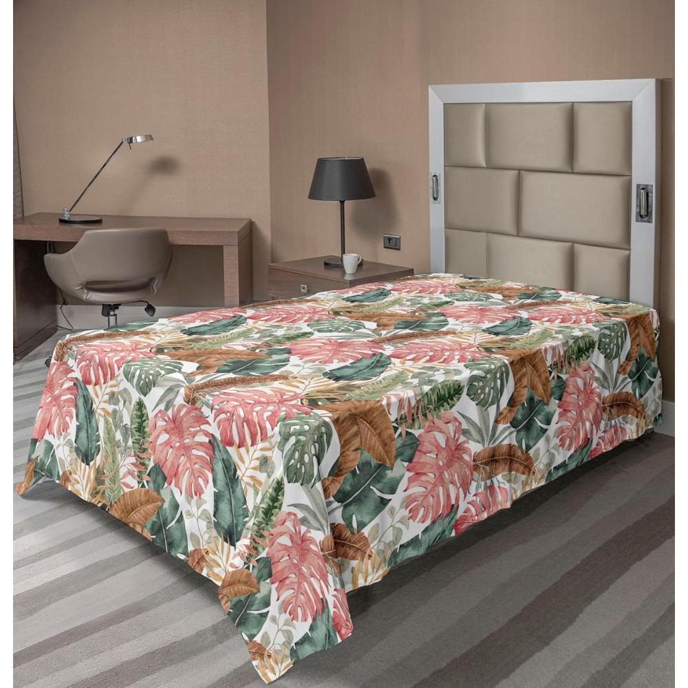 imageAmbesonne Tropical Flat Sheet Exotics Themed Leafy Pattern with Birds and Nature Pattern Neutral Art Soft Comfortable Top Sheet Decorative Bedding 1 Piece California King Deep Sky Blue Sea BlueBlush Coral and Caramel