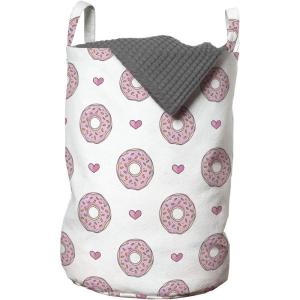 Ambesonne Donut Laundry Bag, Pastel Colored Dessert Sweets Sprinkles and Hearts Valentine’s Day Theme Print, Hamper Basket with Handles Drawstring Closure for Laundromats, 13″ x 19″, Pink and White
