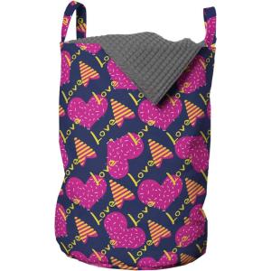 Ambesonne Romantic Laundry Bag, Love Hearts Stripes Celebration Party Lovers Valentines Design, Hamper Basket with Handles Drawstring Closure for Laundromats, 13″ x 19″, Magenta Night Blue and Yellow