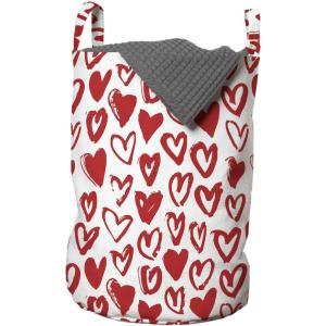 Ambesonne Valentines Day Laundry Bag, Brush Drawing Heart Shapes in Love Romantic Simple Image, Hamper Basket with Handles Drawstring Closure for Laundromats, 13″ x 19″, Vermilion White