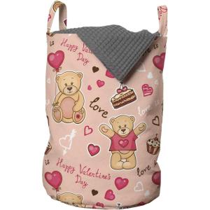 Ambesonne Valentines Laundry Bag, Teddy Bears Celebrating Your Happy Valentines Day Cakes Balloons, Hamper Basket with Handles Drawstring Closure for Laundromats, 13″ x 19″, Coral Brown Peach