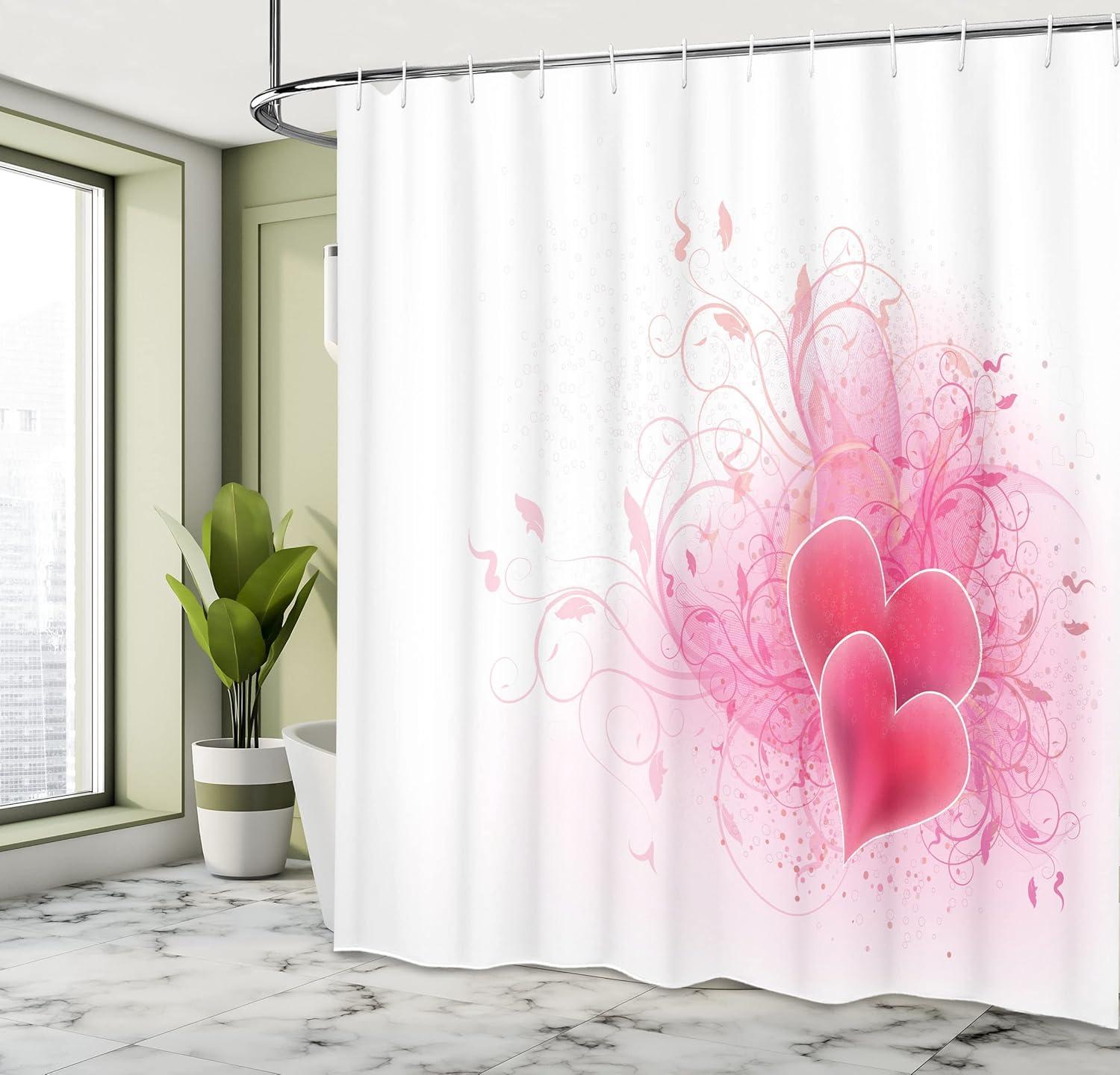 imageAmbesonne Romantic Shower Curtain Valentines Day Themed Hearts Floral Arrangement Amour Illustration Cloth Fabric Bathroom Decor Set with Hooks 69 W x 70 L Pink White