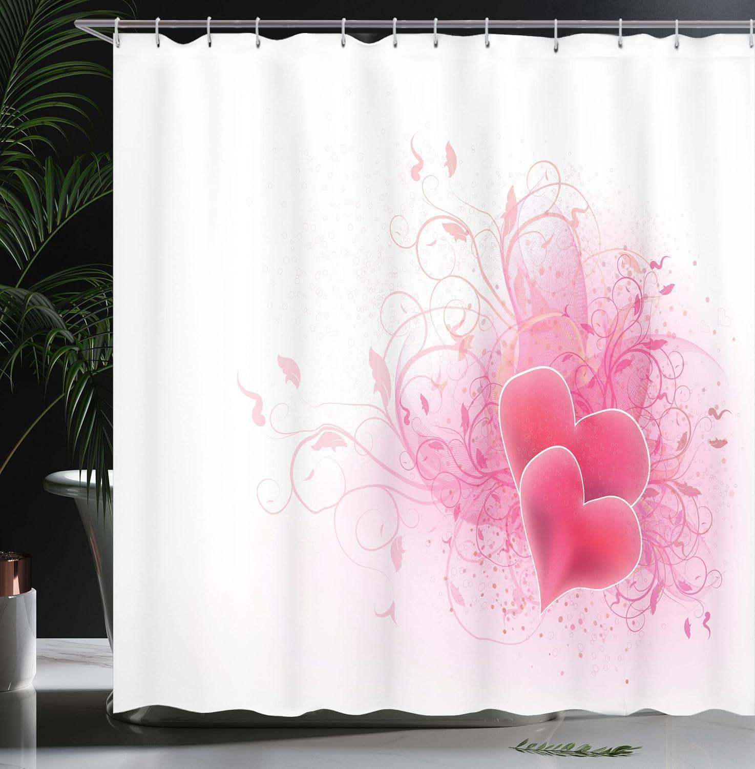 imageAmbesonne Romantic Shower Curtain Valentines Day Themed Hearts Floral Arrangement Amour Illustration Cloth Fabric Bathroom Decor Set with Hooks 69 W x 70 L Pink White