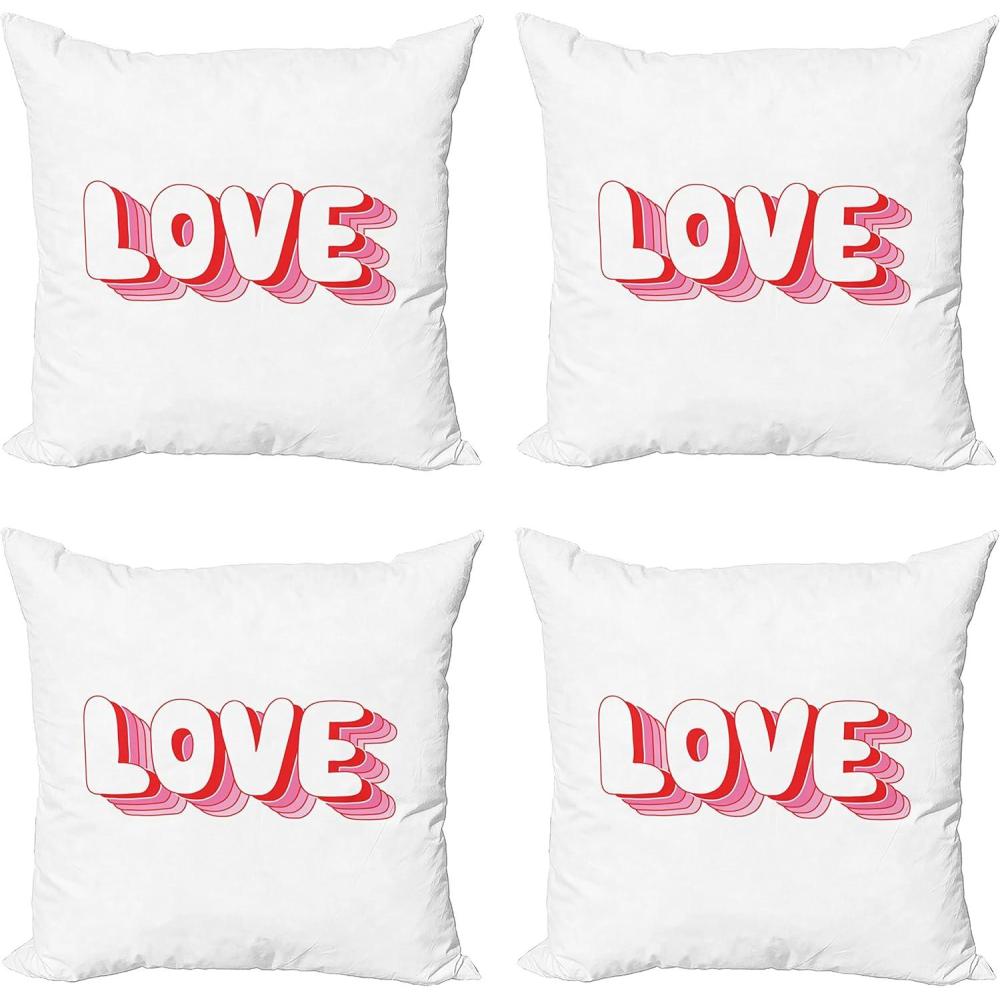 imageAmbesonne Love Decorative Throw Pillow Case Pack of 4 Rounded Style Words with Hippie Retro Effect Romance Valentines Day 70s 80s Cushion Cover for Couch Living Room Car 16 Vermilion Pink White