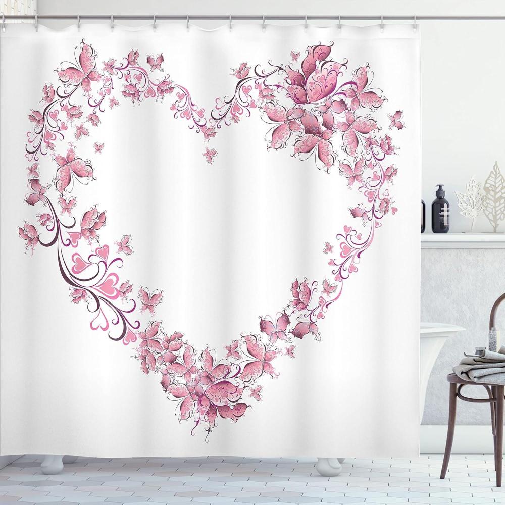 imageAmbesonne Love Shower Curtain Floral Love Romantic Shape Heart of Butterflies Valentines Day Flowers Ornamental Cloth Fabric Bathroom Decor Set with Hooks 69 W x 70 L White Rose70W x 70L Pack of 1