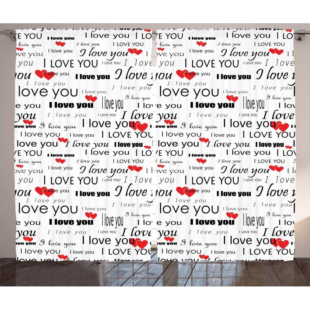 imageAmbesonne Romantic Curtains I Love You Words Hearts Romance Couple Valentine Plain Backdrop Living Room Bedroom Window Drapes 2 Panel Set 108 X 90 Vermilion Black White108W X 90L