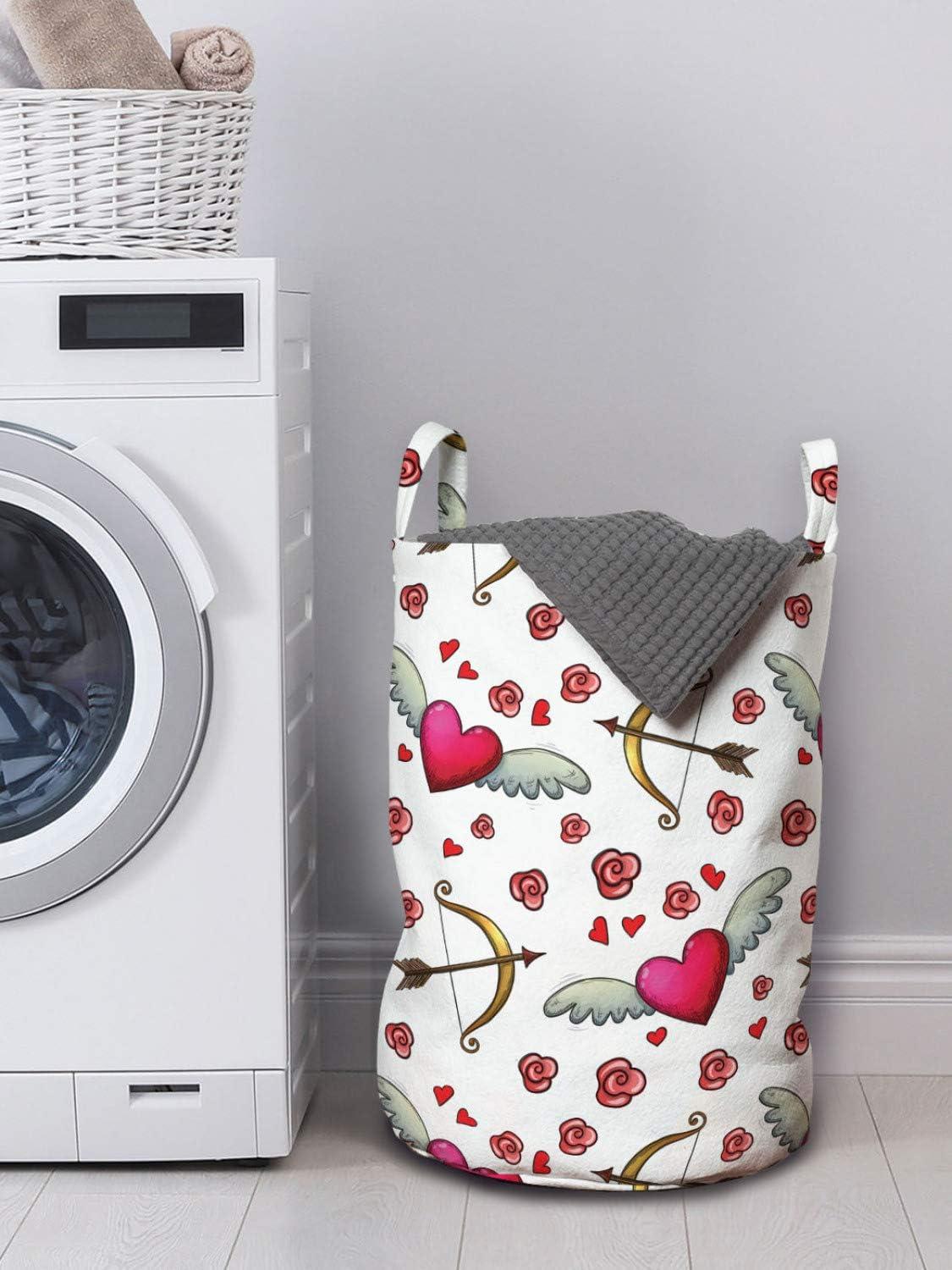 imageAmbesonne Valentines Day Laundry Bag Love Symbols Winged Hearts and Flowers in Romantic Colors Repetition Hamper Basket with Handles Drawstring Closure for Laundromats 13 x 19 White Multicolor