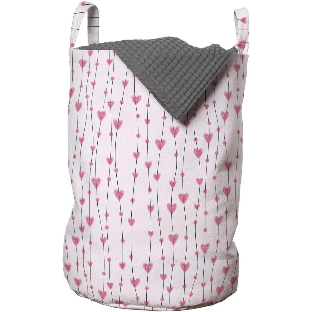 imageAmbesonne Vintage Valentine Laundry Bag Hearts and Rounds on Curvilinear Lines Hamper Basket with Handles Drawstring Closure for Laundromats 13 x 19 Pale Pink Pink