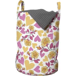 Ambesonne Floral Laundry Bag, Romantic Style Bicolor Hearts and Blooming Roses Valentine’s Day, Hamper Basket with Handles Drawstring Closure for Laundromats, 13″ x 19″, Mustard Pink