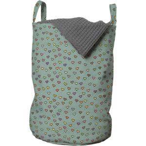 Ambesonne Hearts Laundry Bag, Valentines Day Themed Doodle Hearts Love Friendship on Green Toned Background, Hamper Basket with Handles Drawstring Closure for Laundromats, 13″ x 19″, Multicolor