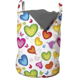 Ambesonne Love Laundry Bag, Colorful Hearts and Butterflies Silhouettes Doodle Style Happy Valentines Day Pattern, Hamper Basket with Handles Drawstring Closure for Laundromats, 13″ x 19″, Multicolor