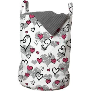 Ambesonne Love Laundry Bag, Romantic Sketch Style Hearts Lovers Valentines Birthday Childish Pattern, Hamper Basket with Handles Drawstring Closure for Laundromats, 13″ x 19″, Grey White Hot Pink