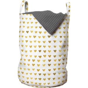 Ambesonne Romantic Laundry Bag, Watercolor Golden Yellow Toned Hearts Lovers Valentines Day Design Pattern, Hamper Basket with Handles Drawstring Closure for Laundromats, 13″ x 19″, Pale Coffee White
