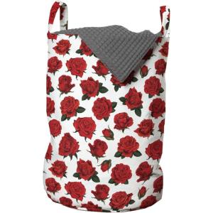 Ambesonne Roses Laundry Bag, Romantic Valentines Day Pattern with Realistic Flowers Image, Hamper Basket with Handles Drawstring Closure for Laundromats, 13″ x 19″, Vermilion White