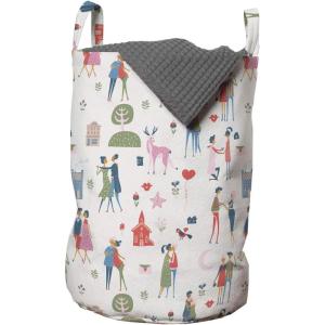 Ambesonne Valentines Day Laundry Bag, Couples in Various Poses Lovers Proposing Kissing Strolling Vintage Style, Hamper Basket with Handles Drawstring Closure for Laundromats, 13″ x 19″, Multicolor