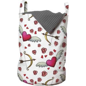 Ambesonne Valentines Day Laundry Bag, Love Symbols Winged Hearts and Flowers in Romantic Colors Repetition, Hamper Basket with Handles Drawstring Closure for Laundromats, 13″ x 19″, White Multicolor