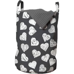 Ambesonne Valentine’s Day Laundry Bag, Modern and Arcadia Love Themed Pattern with Hearts, Hamper Basket with Handles Drawstring Closure for Laundromats, 13″ x 19″, Dark Blue Grey and White