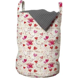 Ambesonne Valentine’s Day Laundry Bag, Print of Heart Shaped Balloons Flying Up with Mini Hearts, Hamper Basket with Handles Drawstring Closure for Laundromats, 13″ x 19″, Eggshell Vermilion
