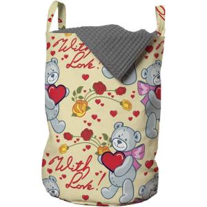 Ambesonne Valentine’s Day Laundry Bag, Romantic Cartoon Teddy Bears Holding Hearts Blooming Roses with Love Texts, Hamper Basket with Handles Drawstring Closure for Laundromats, 13″ x 19″, Multicolor