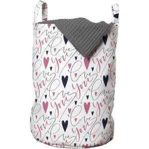Ambesonne Valentine’s Day Laundry Bag, Romantic Print of Love You Cursive Calligraphy with Hearts, Hamper Basket with Handles Drawstring Closure for Laundromats, 13″ x 19″, Dried Rose Navy Blue
