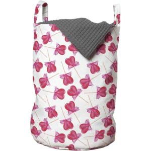 Ambesonne Valentine’s Day Laundry Bag, Romantic Style Watercolor Design Heart Shaped Lollipops with Bows, Hamper Basket with Handles Drawstring Closure for Laundromats, 13″ x 19″, White and Multicolor