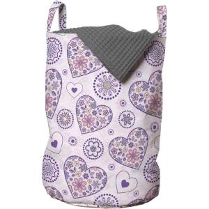 Ambesonne Valentines Laundry Bag, Heart Outlines Filled with Spring Inspired Flower Motifs, Hamper Basket with Handles Drawstring Closure for Laundromats, 13″ x 19″, Pale Pink Purple Yellow