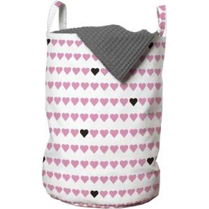 Ambesonne Vintage Valentine Laundry Bag, Horizontal Order Pattern Bicolour Hearts Symmetry, Hamper Basket with Handles Drawstring Closure for Laundromats, 13″ x 19″, Charcoal Grey Pink