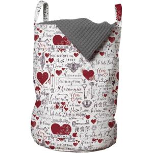 Ambesonne Vintage Valentine Laundry Bag, I Love You in Several Languages with Paint Drops and Hearts, Hamper Basket with Handles Drawstring Closure for Laundromats, 13″ x 19″, Vermilion Plum Off White