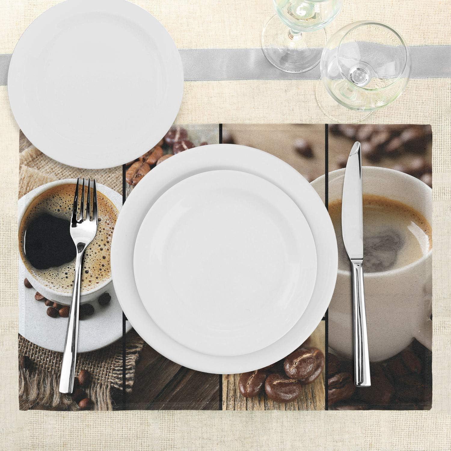 imageAmbesonne Brown Place Mats Set of 4 Coffee Themed Collage Close up Mugs Beans on Wooden Table Aromatic Roasted Espresso Drink Washable Fabric Placemats for Dining Table Standard Size Brown Coffee